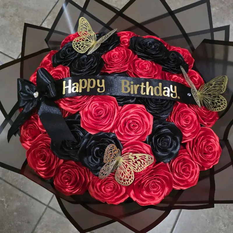 Eternal Roses Bouquet with Red & Black Roses Gold Butterflies and 'Happy Birthday' Ribbon for Special Occasions