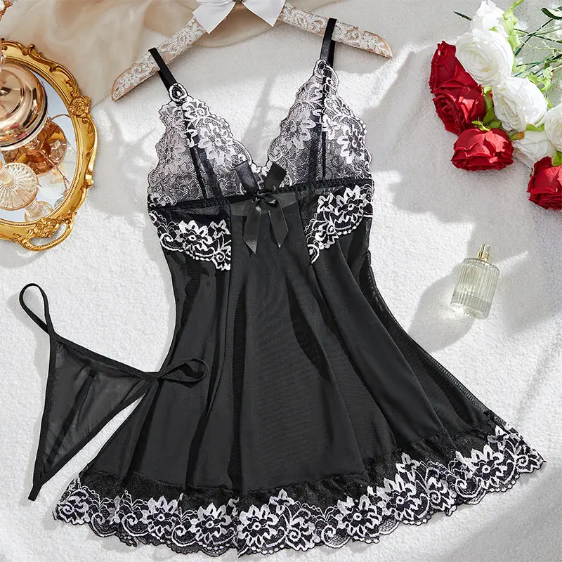 Lace Tulle Nightgown Transparent Homewear Red Sexy Clothing Dress V-Neck Delicate Bra Erotic Set With Thong