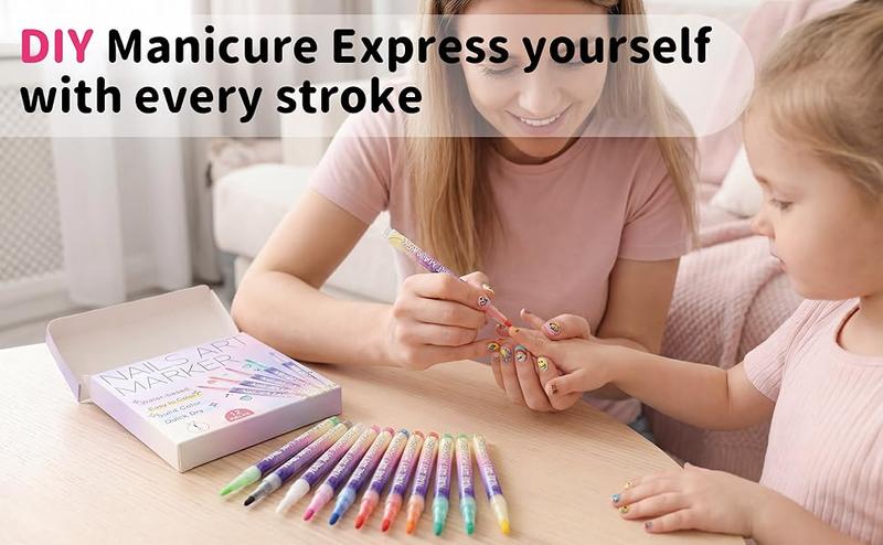 Quick-Dry & Gentle Nail Art Pens - 12 Color Set with 0.7mm Fine Tip, No Shake Formula for Smooth Lines & 3D Art, Smudge-Proof & Easy to Use for Beginners