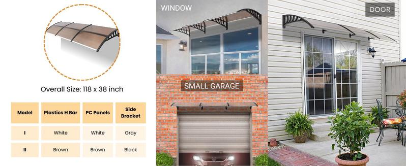 Ubesgoo Window Awning Door Canopy, Polycarbonate Cover Front Door Outdoor Patio Awning Canopy UV Rain Snow Sunlight Protection Hollow Sheet, Brown Board & White Bracket