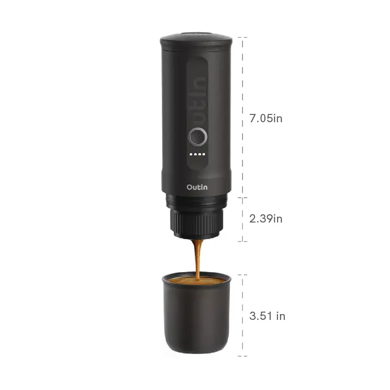 OutIn Nano Portable Self-Heating Espresso Machine - Coffeemachine, Travel Coffee Machine, Mini Car & Household Maker Compatible with NS Capsules & Ground Coffee for Outdoor Use