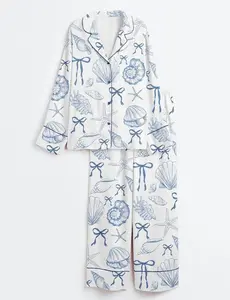 Women’s Coquette Seashell Beach Satin Pajama Set, Coastal Summer Vibes Print Sleepwear, Short Sleeve Shorts or Long Sleeve Long Pants Pajamas for Women