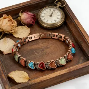 This copper heart gemstone bracelet features colorful natural stones, supports sleep and wellness, and is gentle on skin. A beautiful, thoughtful gift for women.