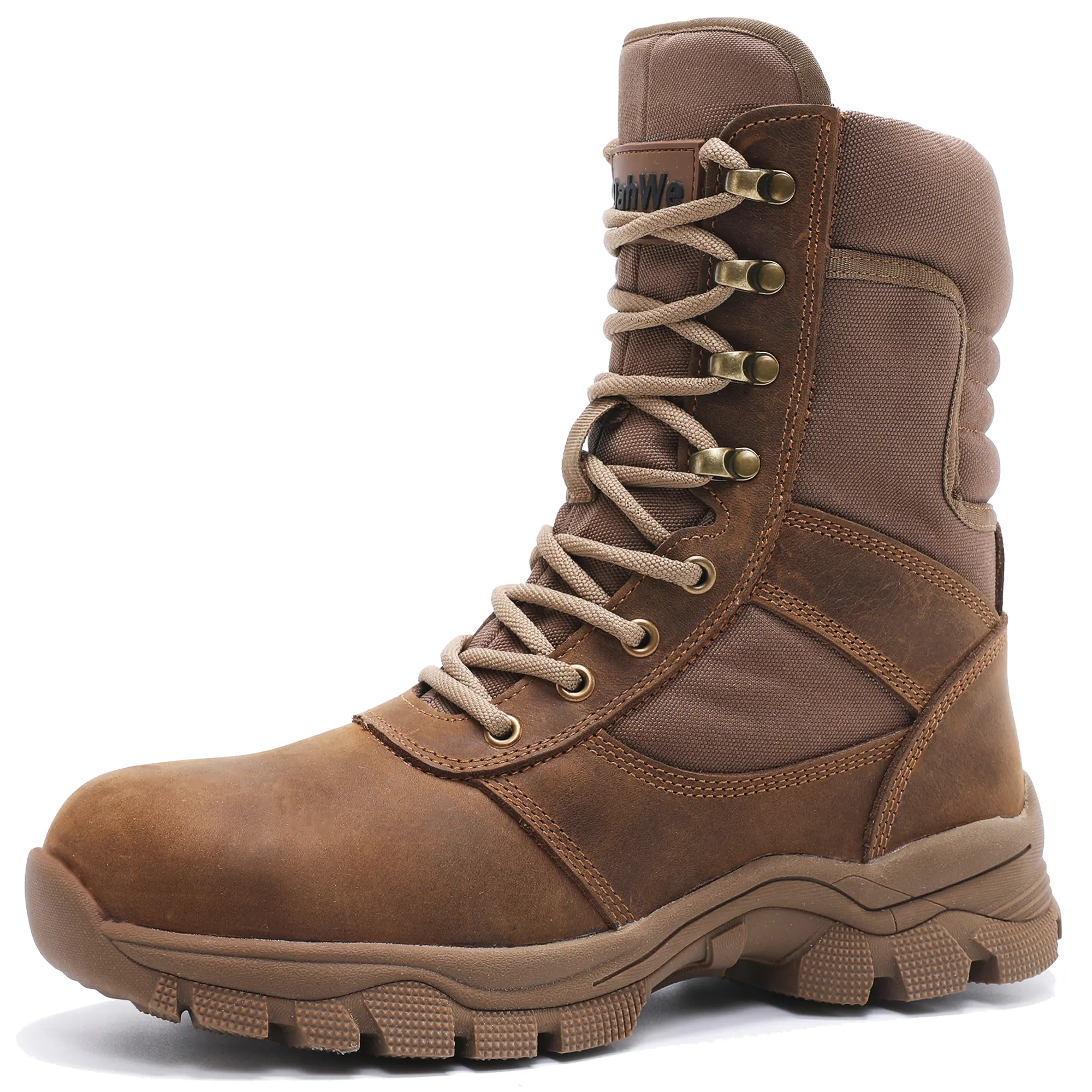 DahWe Men's 8" Full Grain Leather Tactical Steel Toe Boots - Lightweight Military Combat Work Shoes with Side Zipper, Durable Construction, Cloth Accents, Slip-Resistant Safety Wear for Outdoors Workers