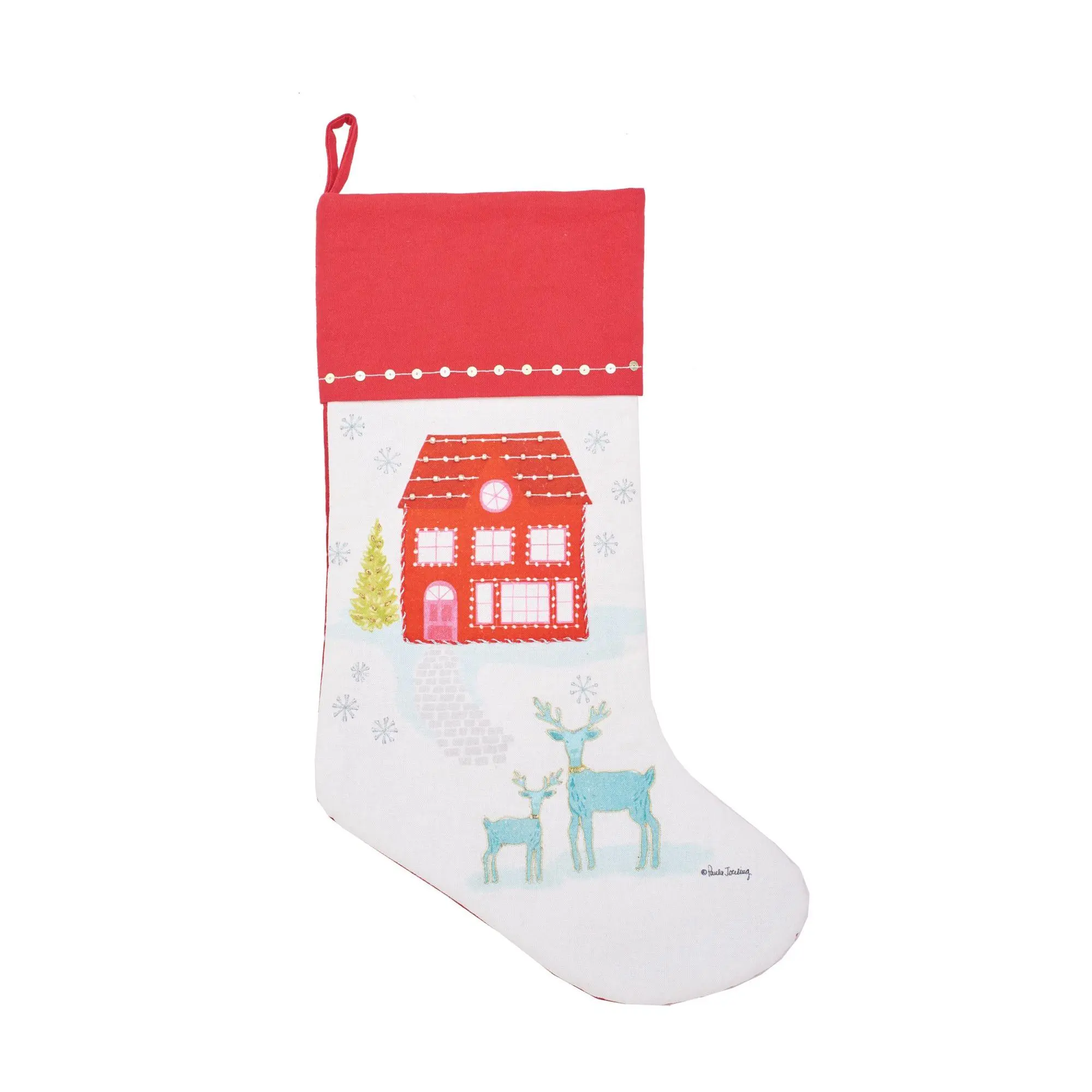 C&F Home Red House & Deer Printed & Embellished Stocking