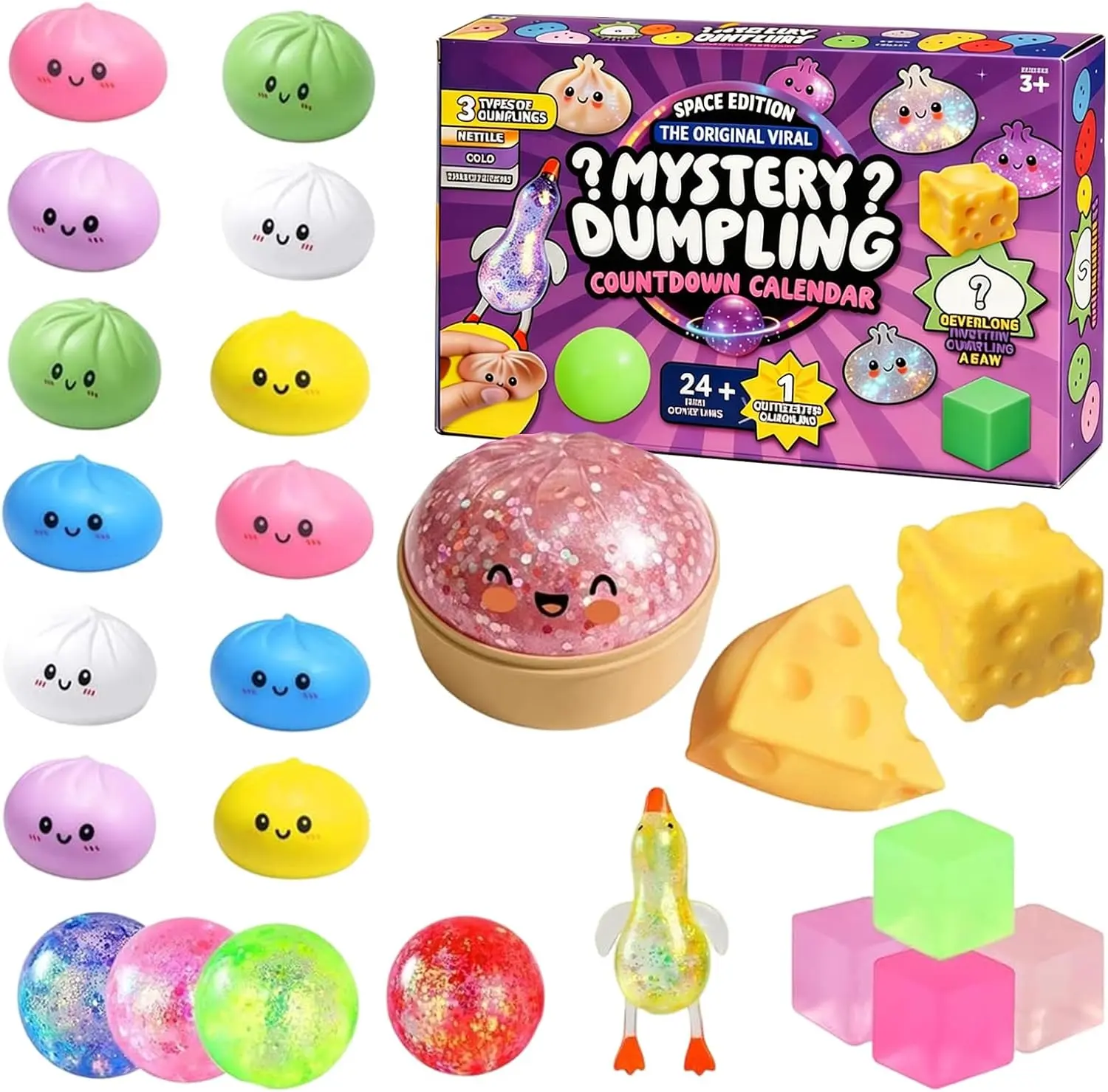 24Pcs Dumpling Mystery Box - Unisex Dumpling Squishy Stress Relief Toys, Soft Dough Squeeze Balls for Adults, Birthday Gifts