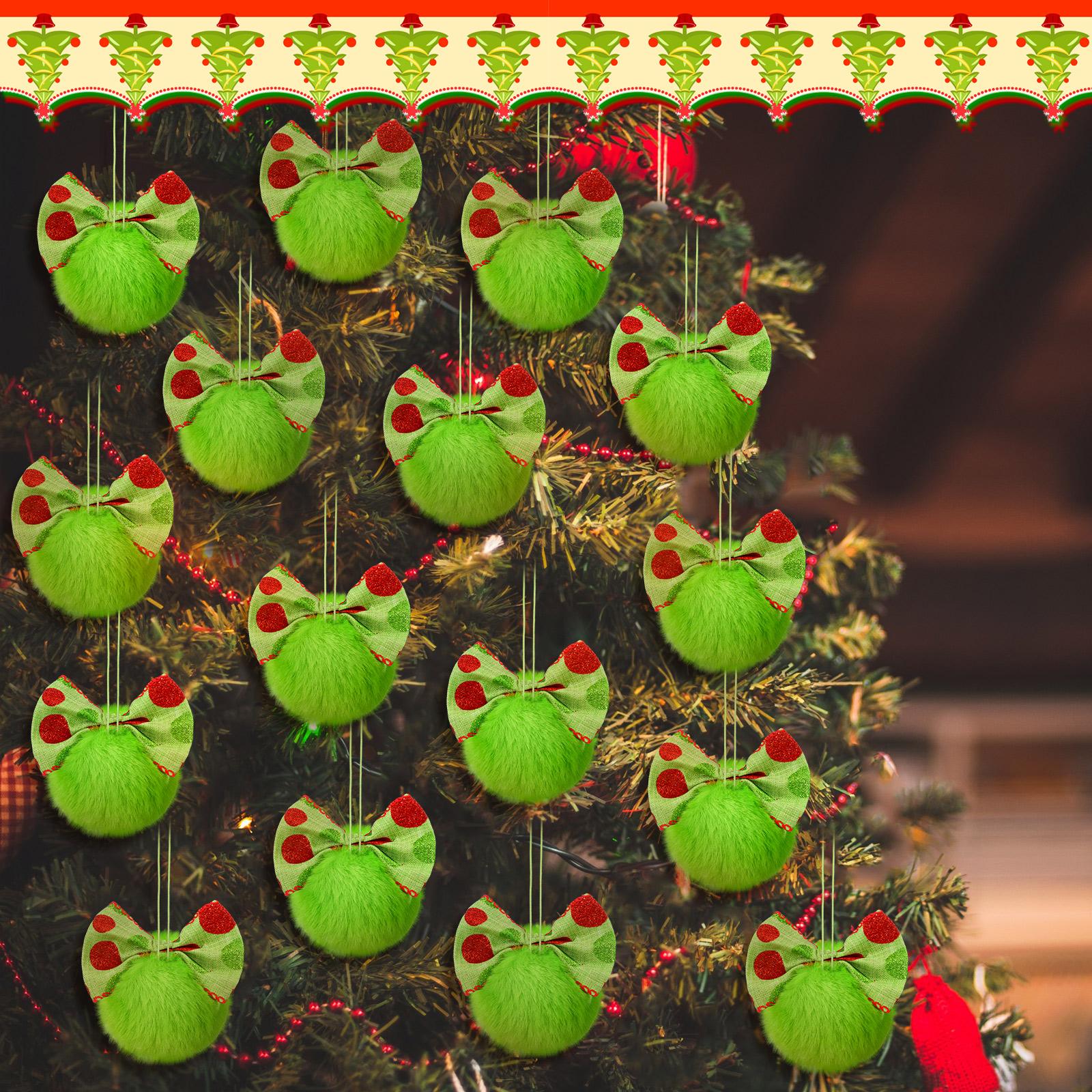 Christmas Clearance Sale Christmas Ornaments 12 Pcs Lime Green Furry Christmas Balls with Bows or Red Heart Cute Green Monster Christmas Decorations Hanging Ornaments for Xmas Tree Holiday Party Home Wall Christmas Decor Christmas White Elephant Gifts