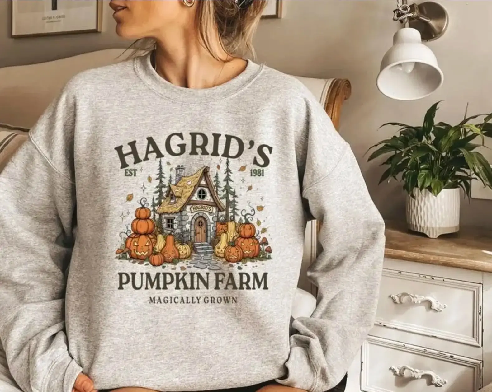 Hagrid’s Pumpkin Farm Vintage Halloween Sweatshirt For Fall Pumpkin Patch And Spooky Season Gift, Graphic Round Neck Sweatshirt, Apparel Made In USA - ZeusWear 68		
