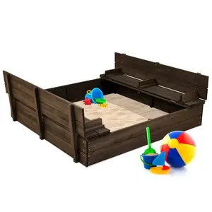 Best Choice Products 47x47-Inch Kids Wooden Outdoor Sandbox w/ 2 Foldable Bench Seats, Sand Protection, Liner