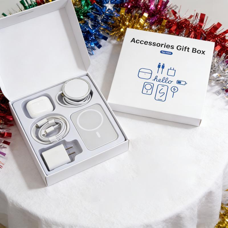 Upgraded 6-in-1 Magnetic Charging & Audio Kit – 20W Fast Charge Power Bank, Wireless Charger, Bluetooth 5.3 Earbuds, Type-C & Lightning Cables, Adapter, Enhanced Magnetic Ring, All-in-One Travel Set for Android & iOS Devices，Gift Box