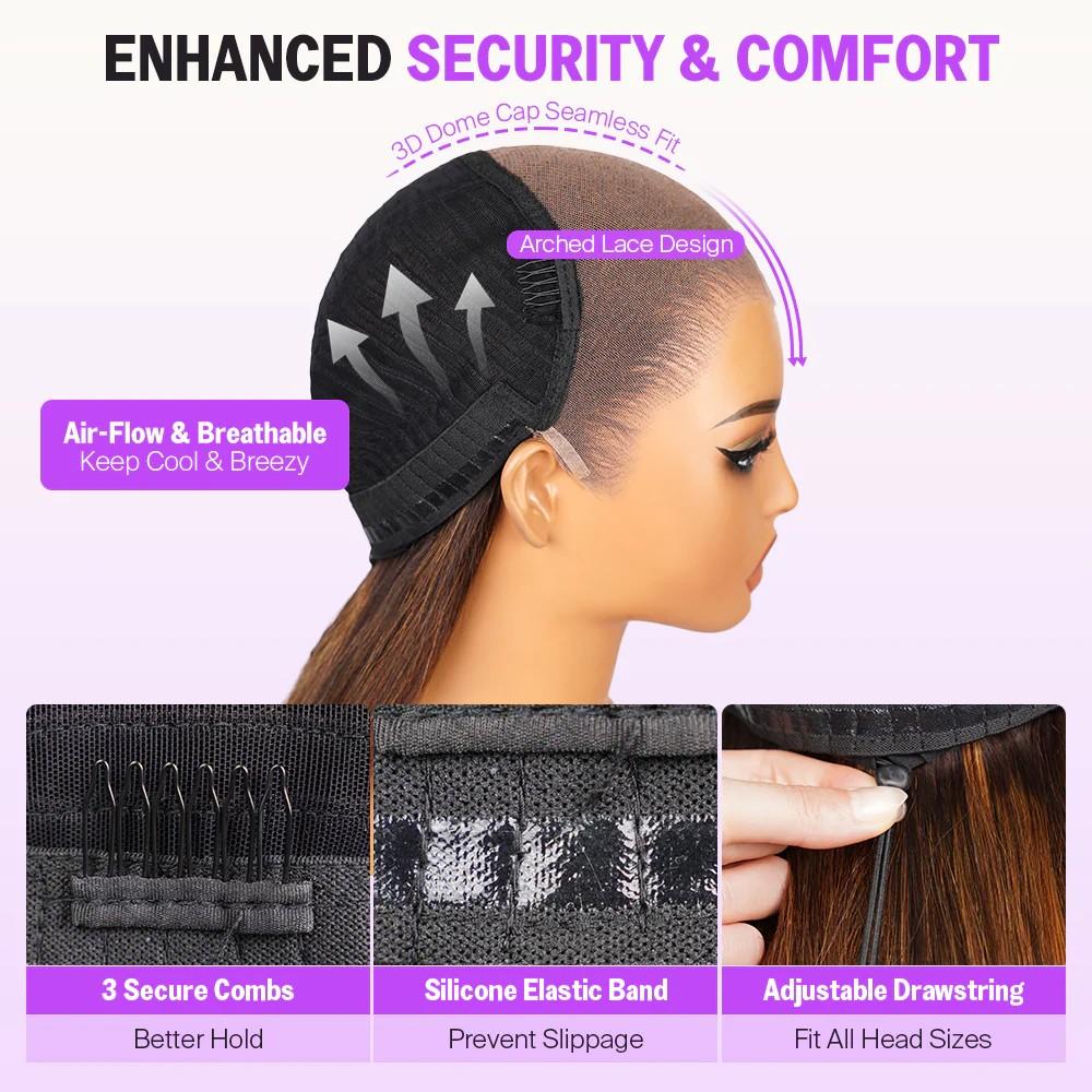 Megalook 24inch Ombre Brown Upgrade 13x6 Three-Go Glueless Wig Color #N53 Fitted Pre-Styled Parting Breathable Dome Cap Free Lace Front 100% Human Hair Wig 320℉ Heat Resistant Vintage Women Black SpringStatements