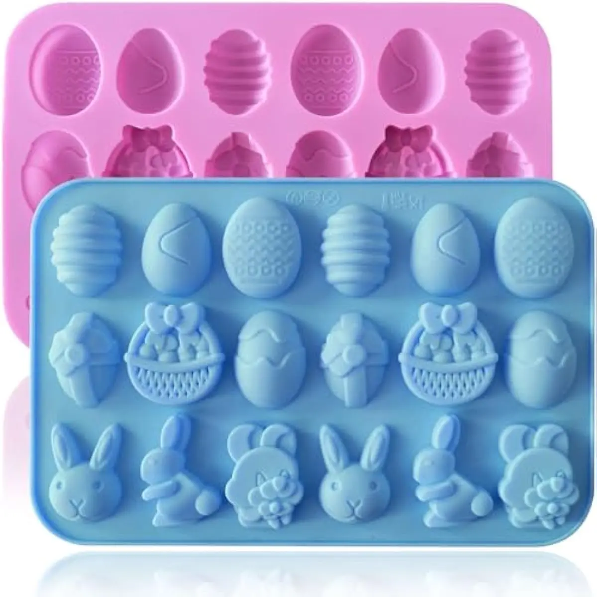 Easter Silicone Candy Mold 2-PACK 9 Shaped Egg Rabbit 72 Cavities Chocolate Mould Wax Melt Tray for Gummies Cupcake Decor Kids Holiday Gift Fudge Making Set