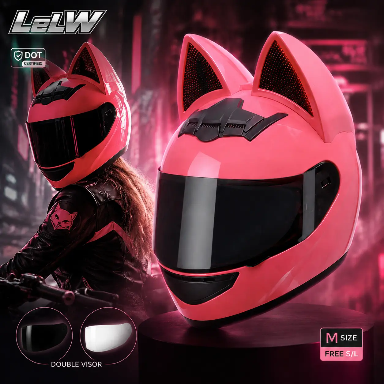 LeLW Cute Cat Ear DOT Approved Flip-Up Modular Motorcycle Helmet - Adult Moto Gear with Vented Shell, Removable Full-Face Protection, Flip-Up Ease for Cruiser Moped Scooter, Comfortable Breathable, Protection Full-Face Helmets
