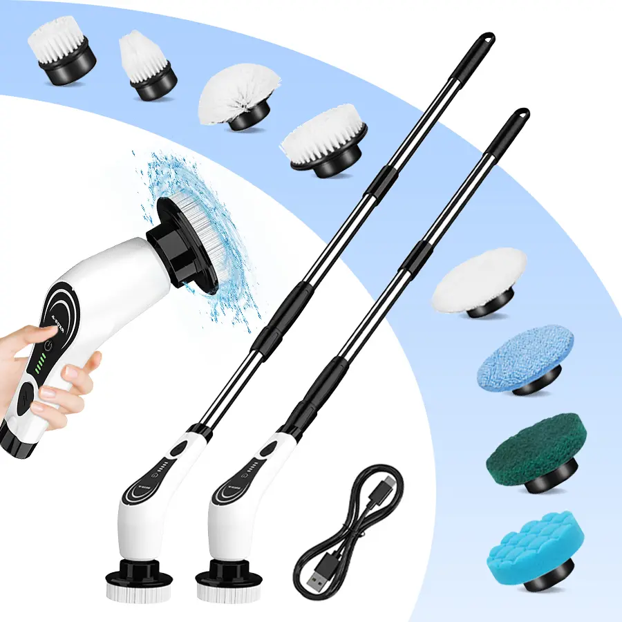 Cordless Handheld Spin Scrubber - Cordless Cleaning Gadget, 8 Nylon & ABS Replaceable Heads, Adjustable Extension Handle, 2-Speed Rechargeable Brush for Bathroom, Kitchen Home Care Supplies, Cleaning Gadgets