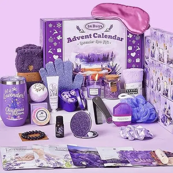 Advent Calendar 2026 Adult Women -24 Days of Christmas Advent Calendar for Mom, Wife, Girlfriend, Sister, Her - Lavender Spa Gifts Basket Set Includes Coffee Mugs, Scented Candle, Bath Salt, Soap