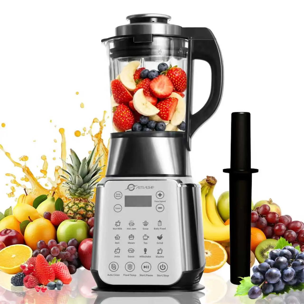 ASH01-S Pro Stainless Steel Blender with Tamper, 26000-75000RPM High Speed Food Processors Blenders for kitchen, 1500W Glass jar blender with Keep Warm Auto Clean 14 Functions Heating for Nut Milk Soup Sauce