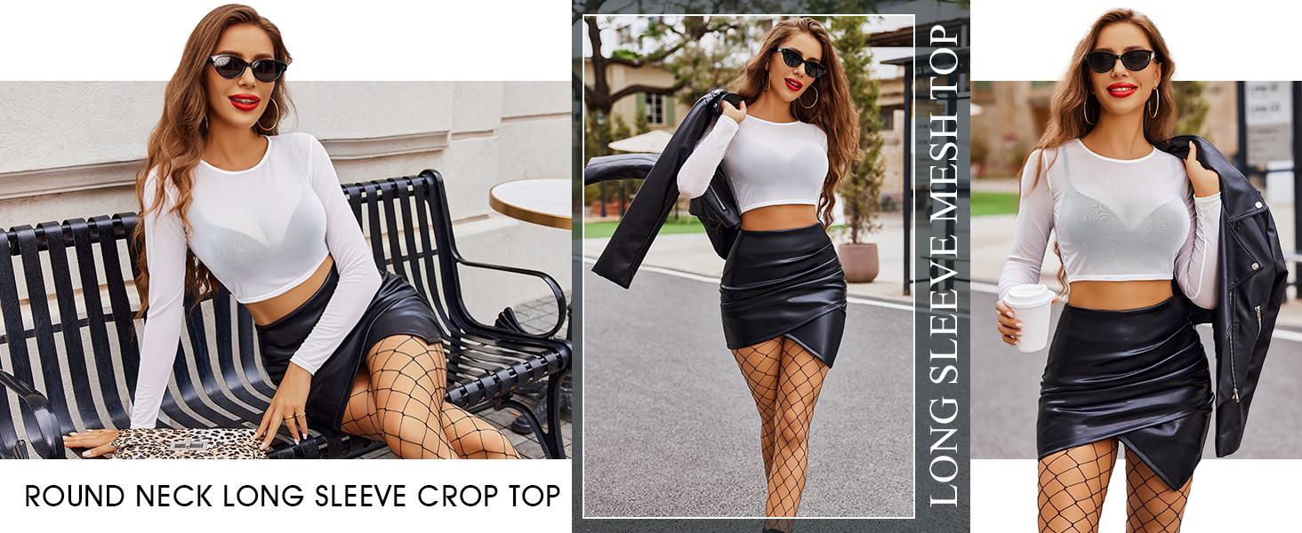 Avidlove Women Mesh Crop Top Long Sleeve See Through Shirt Sheer Blouse O Neck Clubwear S-4XL Avidlove Women Mesh Crop Top Long Sleeve See Through Shirt Sheer Blouse O Neck Clubwear S-4XL