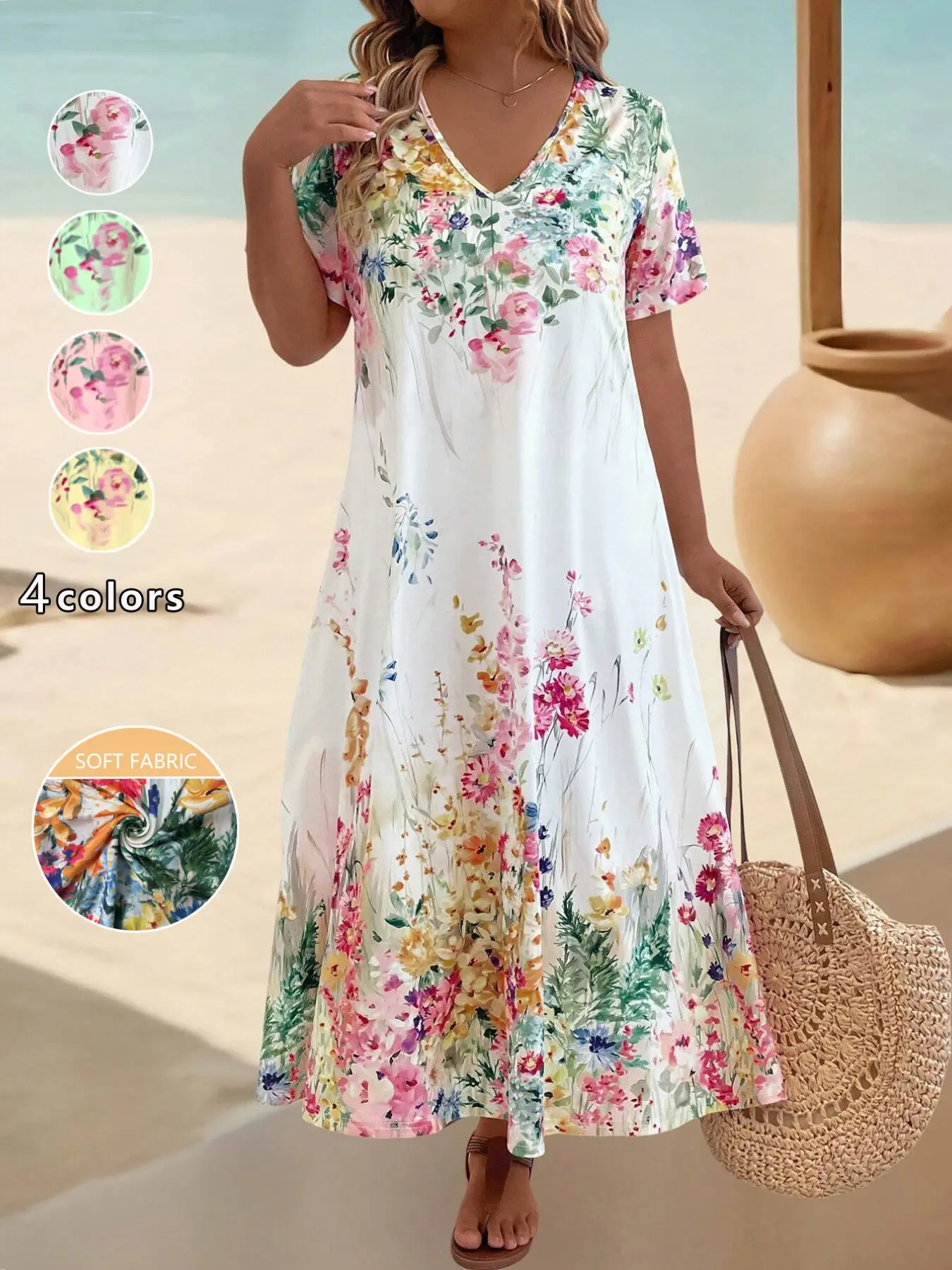 Boho Bohemian Floral Long Dress, V Neck Short Sleeve Flowy Beach Vacation Maxi Dress, Plus Size Summer Fashion, Casual Wear, Elegant and Comfortable, Beach Dresses