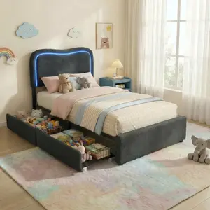 Boucle Full Bed Frame with 2 Storage Drawers, Upholstered Platform Bed with LED Headboard, Solid Wood Slats Support, for Kids, Teens, Black