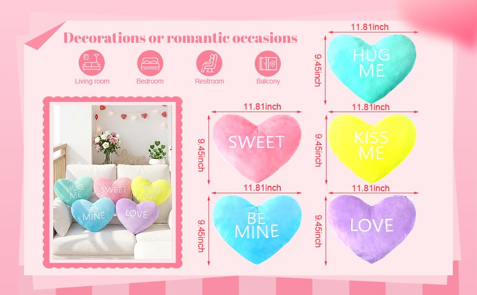 Valentines Pillows Gift 5 Pcs Heart Pillows with Love Letter Cute Plush Pillows Heart Shape Pillow Soft Throw Pillow with Romantic Atmosphere Conversation Gift for Couple Valentine's Day Party Anniversaries Dates for Home Living Sofa Bed Room Car Office