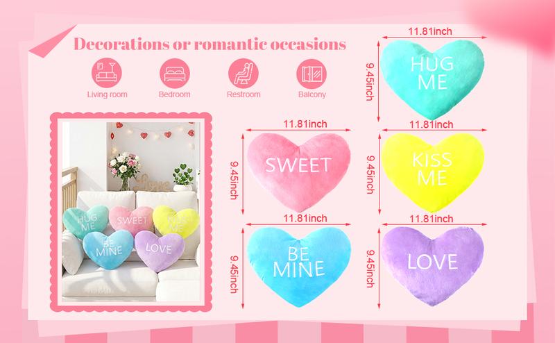 Valentines Pillows Gift 5 Pcs Heart Pillows with Love Letter Cute Plush Pillows Heart Shape Pillow Soft Throw Pillow with Romantic Atmosphere Conversation Gift for Couple Valentine's Day Party Anniversaries Dates for Home Living Sofa Bed Room Car Office