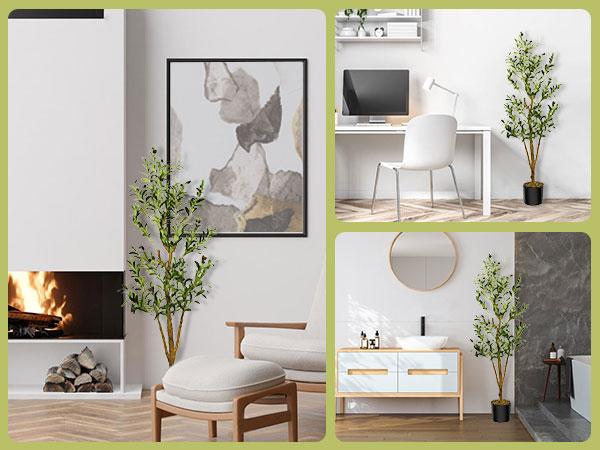 Artificial Olive Tree 7Ft/6Ft/5Ft Tall Faux Silk Plant for Home Office Decor Indoor Fake Potted Tree with Natural Wood Trunk and Lifelike Fruits Decorative Ornaments Wooden