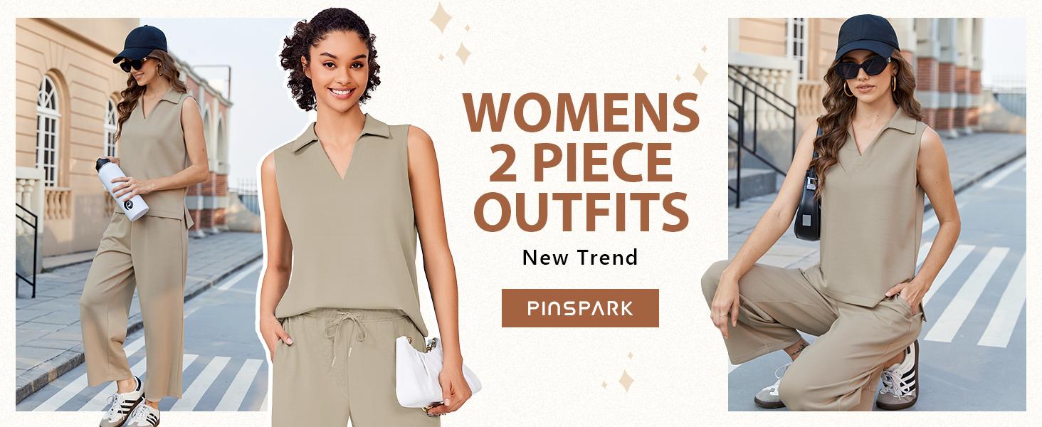 PINSPARK Two Piece Sets for Women Sleeveless Outfits Travel Tracksuit V Neck Top Wide Leg Pant Lounge Sets 2025 Summer sweatsuits  women  Springtok