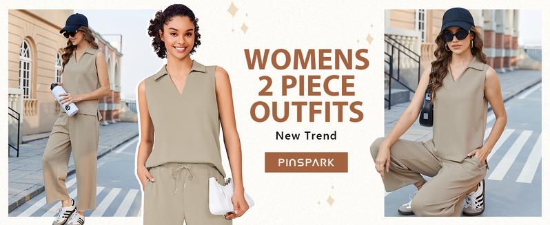 PINSPARK Two Piece Sets for Women Sleeveless Outfits Travel Tracksuit V Neck Top Wide Leg Pant Lounge Sets 2025 Summer sweatsuits  women  Springtok