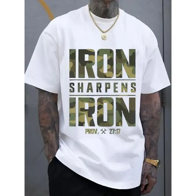 Men's 'Iron Sharpens Iron' Bible Verse Graphic T-Shirt, Casual Round Neck Short Sleeve Streetwear Tee in Soft 100% Cotton Fabric, Tshirt
