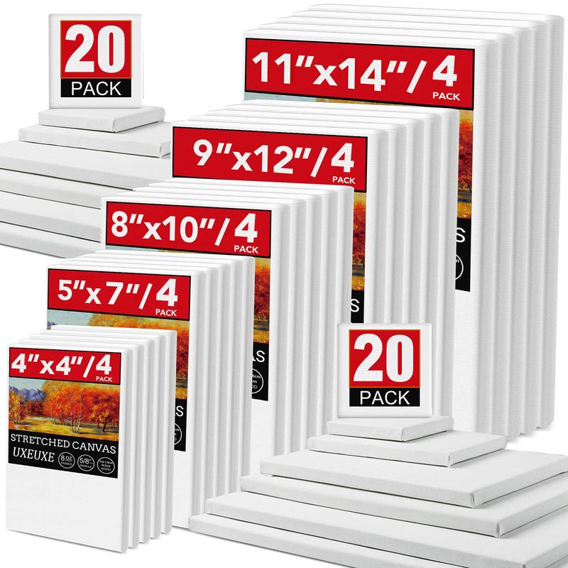 20 Pack Stretched Canvases for Painting, Multi Pack 11X14, 9.44X12, 8X10, 5X7, 4X4 (4 of Each), Blank Primed Canvas, Oil Painting, Acrylic Paint, for Beginners & Artists.