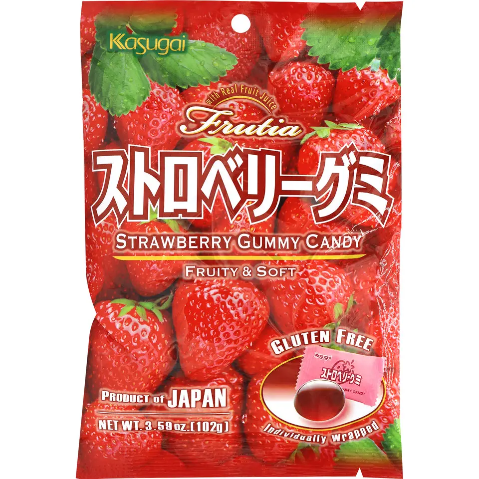 Kasugai Strawberry Chewy Candy - 3.77oz Soft Fruity Candy Snack, Sour-Sweet Flavors, Real Strawberry Juice, Milk-Containing, Individually Wrapped, Party Snacks for Fruit Lovers, Convenient Chews, Chews Candy