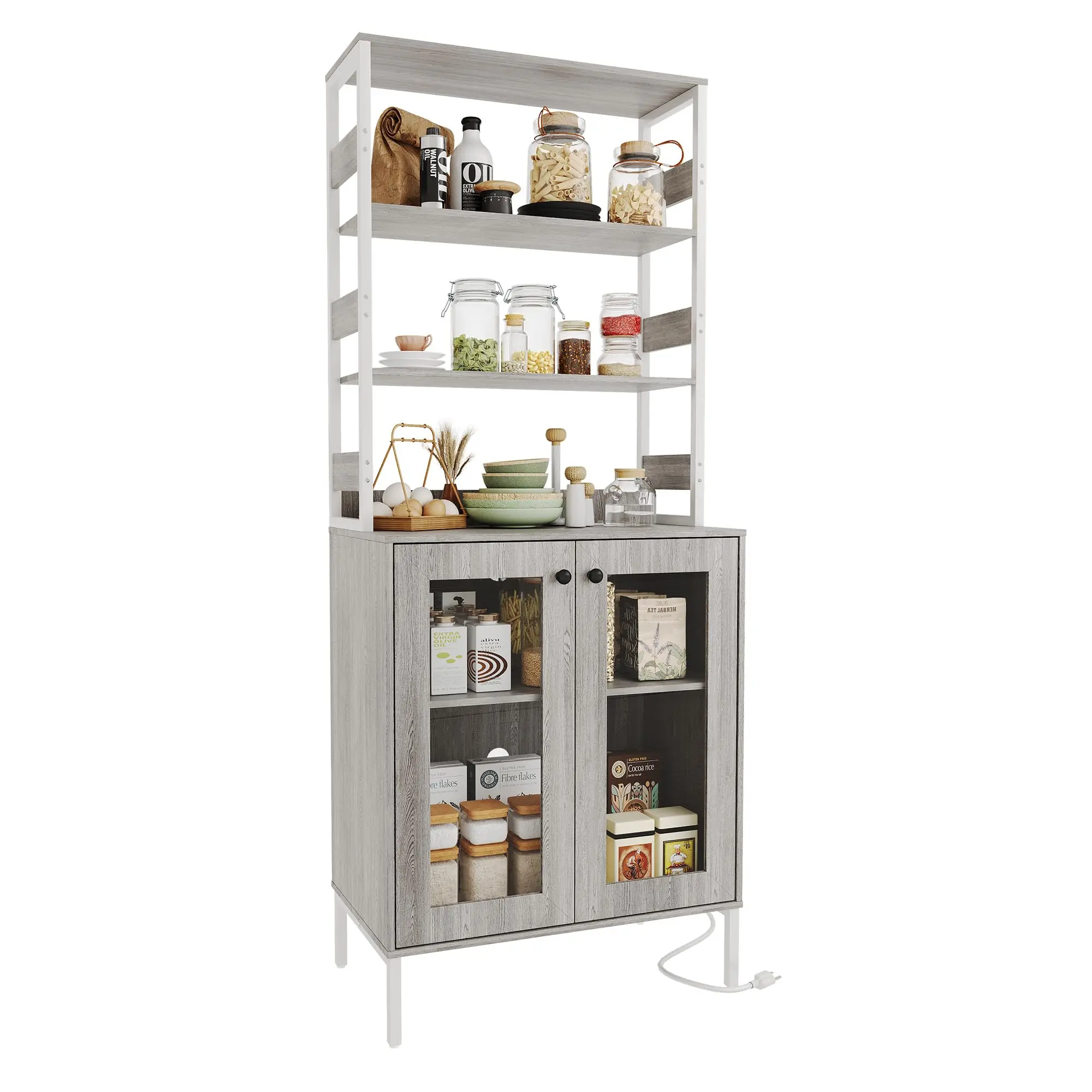 Garvee Multi-Functional Kitchen Pantry Cabinet with Power Outlets and LED Lights, 67" Tall Bakers Rack Featuring Storage Shelves, Coffee Bar Hutch, Countertop, and Glass Doors for Kitchen, Dining, Laundry, and Hallway in Grey, Black, or Brown