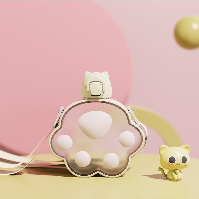 400ml Cute Cat Paw Straw Water Bottle with Strap and Lanyard Portable Plastic Drinking Cup