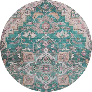 HomeRoots 664741 8 ft. Emerald Beige & Teal Floral Medallion Washable Round Area Rug with UV Protection