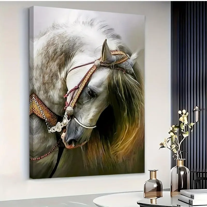 1pc Friesian Horse Canvas Painting - Elegant & Golden Horse Art Poster, Solid Wood Frame, Contemporary & Traditional Style, Living Room, Dining Room, Office, Bar, Courtyard Wall Decor, Horse Decor, Perfect For Room Decor