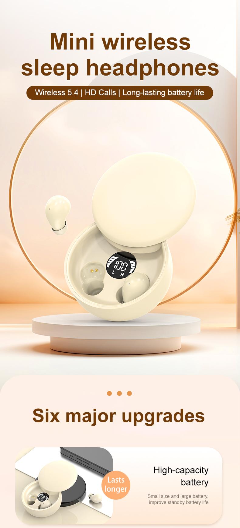 Mini Invisible Bluetooth 5.4 True Wireless Earbuds – Sport Noise Cancelling Gaming Headphones with Hi-Fi Audio, In-Ear Earphones for Music & Calls, Khaki