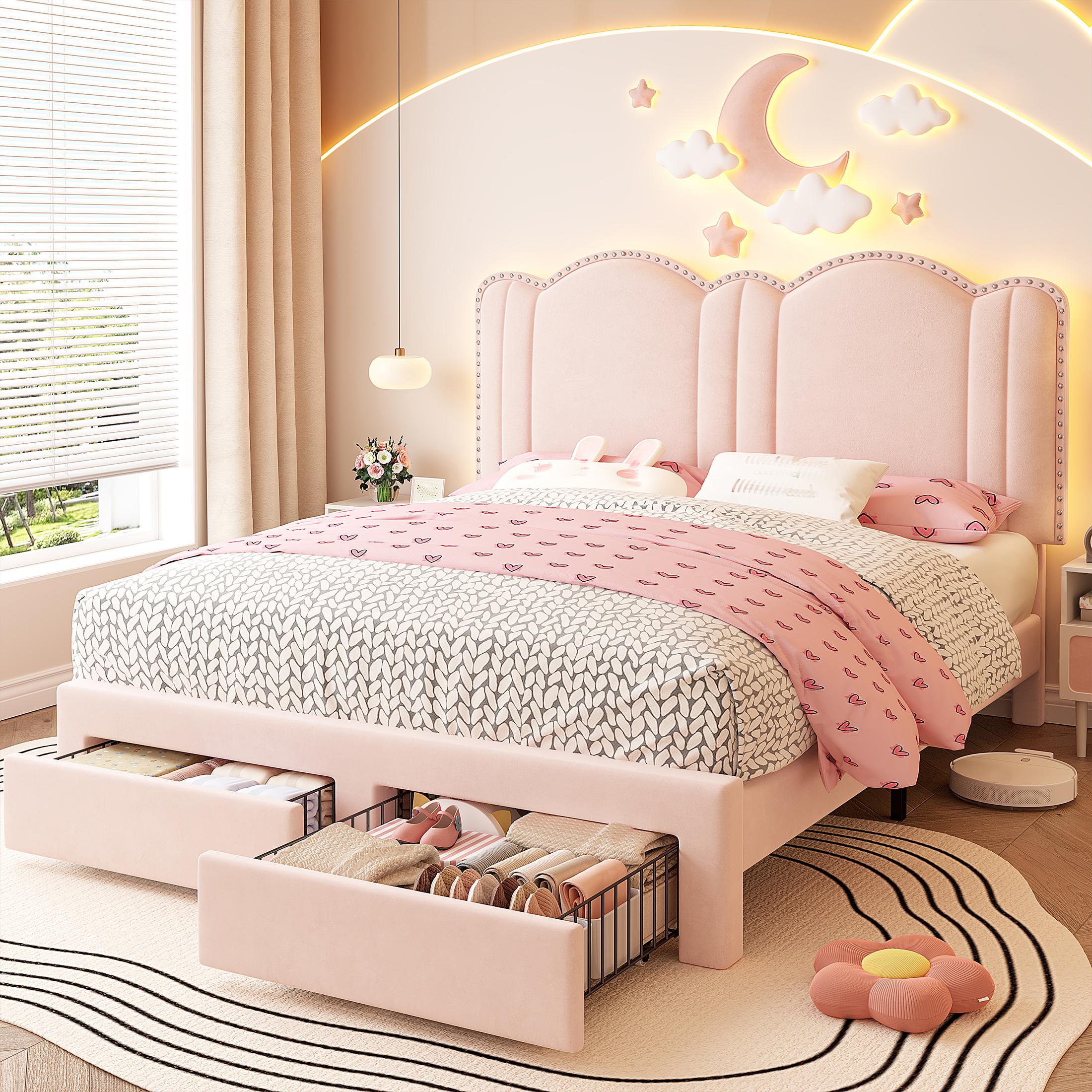 Raybee Furniture Pricess Bed Frame with Led Light, Elegant bed Frame with Headboard Adjustable, Upholstered Bed Frame, No Box Spring Needed