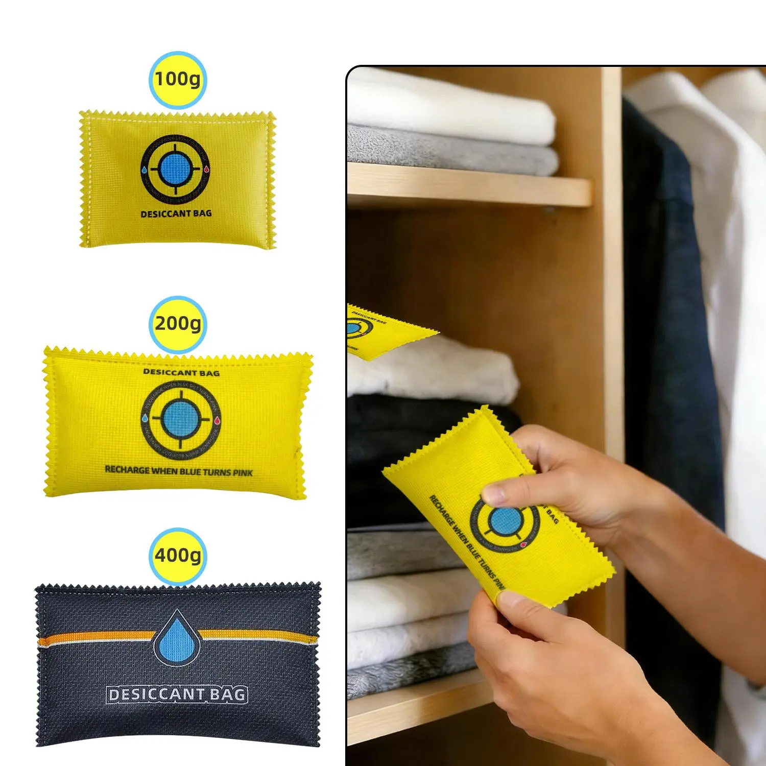 2Pcs Multi-Size Reusable Silica Gel Car Dehumidifier Bag (100g/200g/400g) - Moisture Absorber with Blue-to-Pink Indicator, Portable for Car, Closets, RVs, Moisture Control