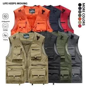 Men’s sleeveless outdoor fashion cargo vest jacket with multiple pockets, V-neck, detachable back panel, breathable mesh fabric, suitable for climbing, hiking, fishing, and other activities; men’s fishing vest jacket