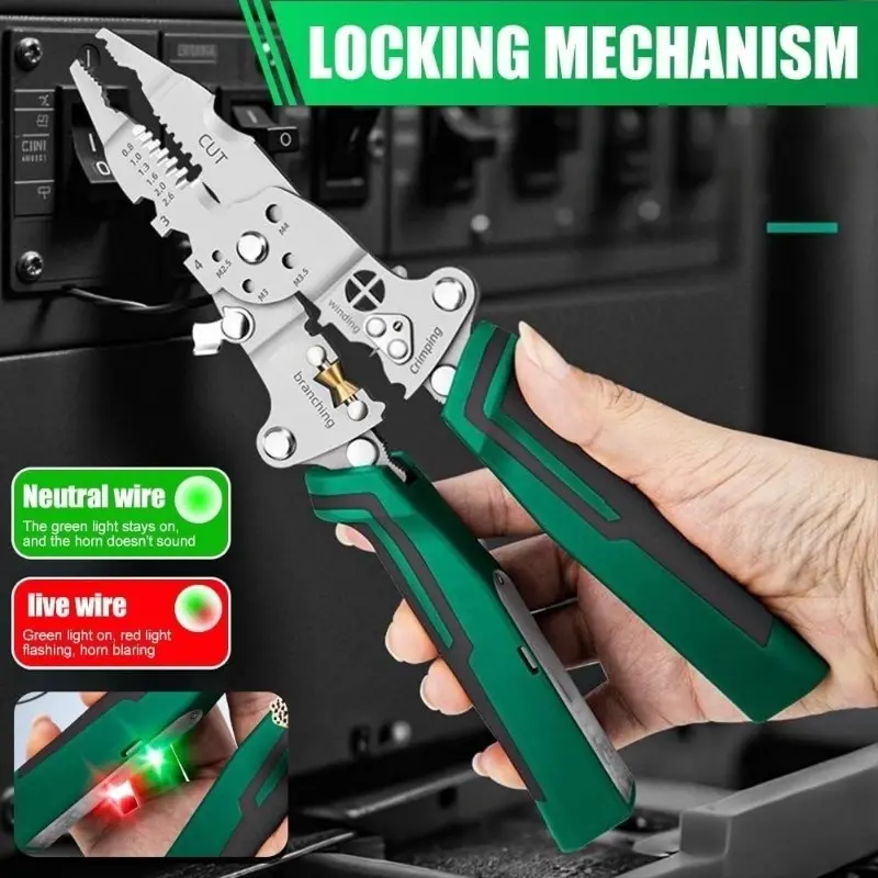 16-in-1 Compact Foldable Rechargeable Wire Stripping Pliers Multi-Tool Set 2026 New, with 12-250V Voltage Tester-Alarms, Heavy-Duty Electrical Wire Cutters, for DIY Enthusiasts-Professional Use (Green)