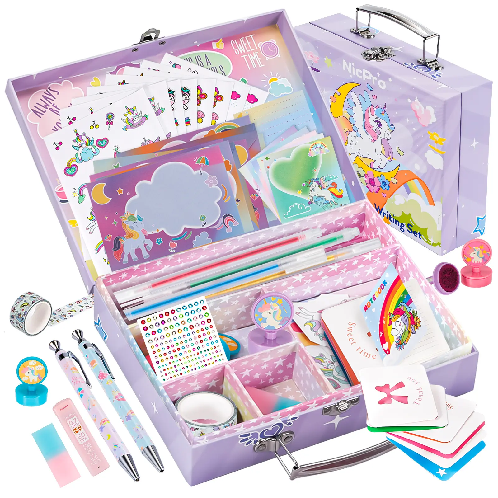 Nicpro 62-Pack Unicorn Stationery Set - Office & School Supplies, Color Marker Set, Stickers, Mechanical Pencils, Lead Refills, Letter Writing Kit - Ideal 6-10 Year Old Girls' Gifts (Christmas, Birthday), Stationary Set
