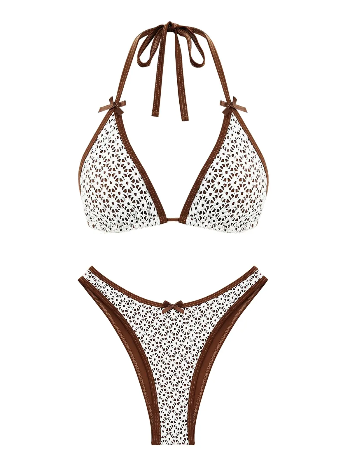Women's 2-Piece Bikini Swimsuit Set - Wire-Free Halter Neck Triangle Top with Contrast Piping & Bowknot, High-Leg Cheeky Thong Bottom, Stretch Elastane Swimsuit Fabric, Hand Wash Only, Back to School Shopping, Two-Pieces, High-Leg Cut