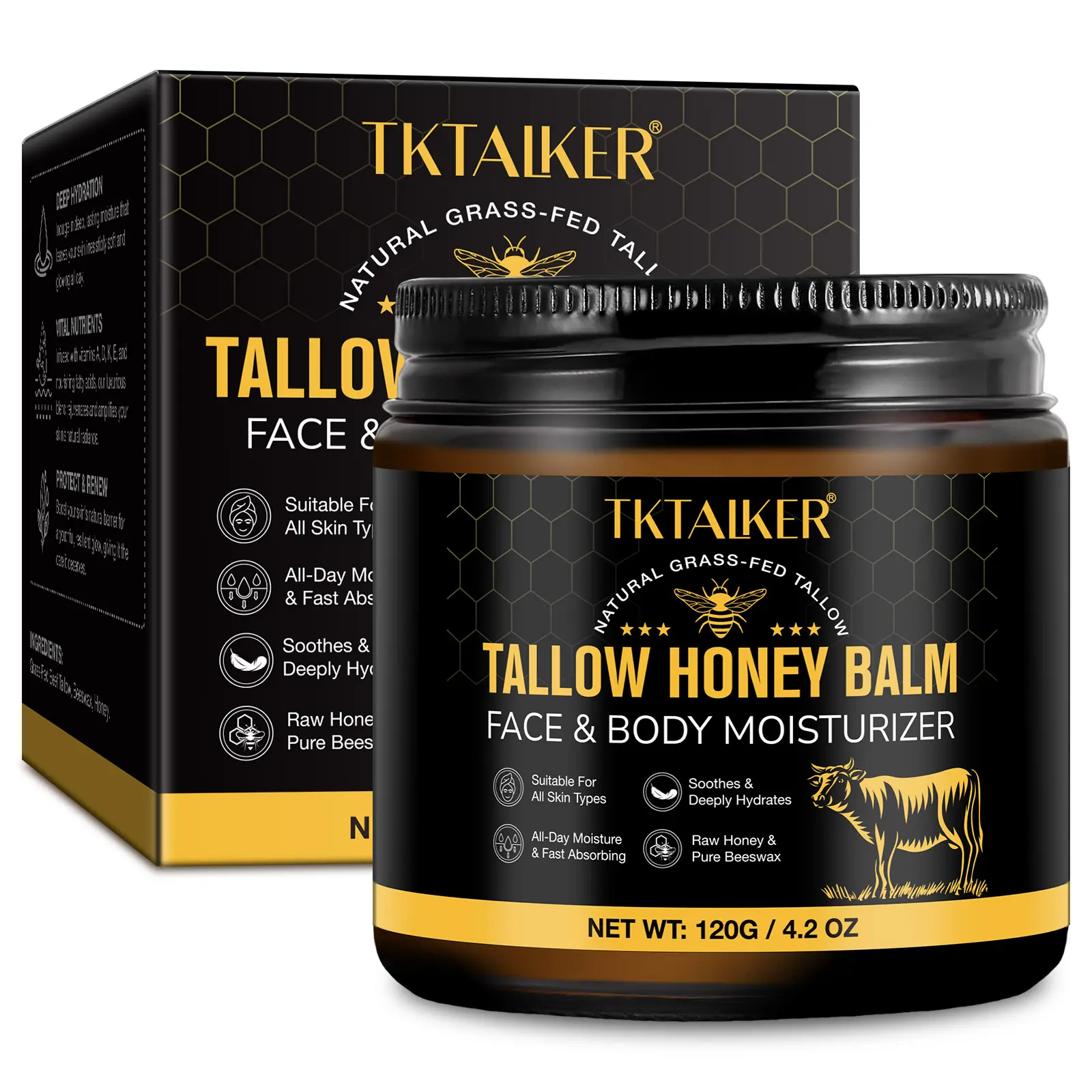 4oz No Brand Tallow Honey Balm - Unisex Handmade Healing Moisture-Boosting Salve, Hydrating Youth-Focused Body Moisturizer with Honey & Coconut Oil, No Harmful Additives for Dry Hands