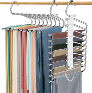 9-Layer Space-Saving Multifunctional Pants Hangers, Non-Slip Stainless Steel Compact Plastic Closet Organizers with Hooks, Pack for Hanging Pants, Jeans, Leggings, Creamy White