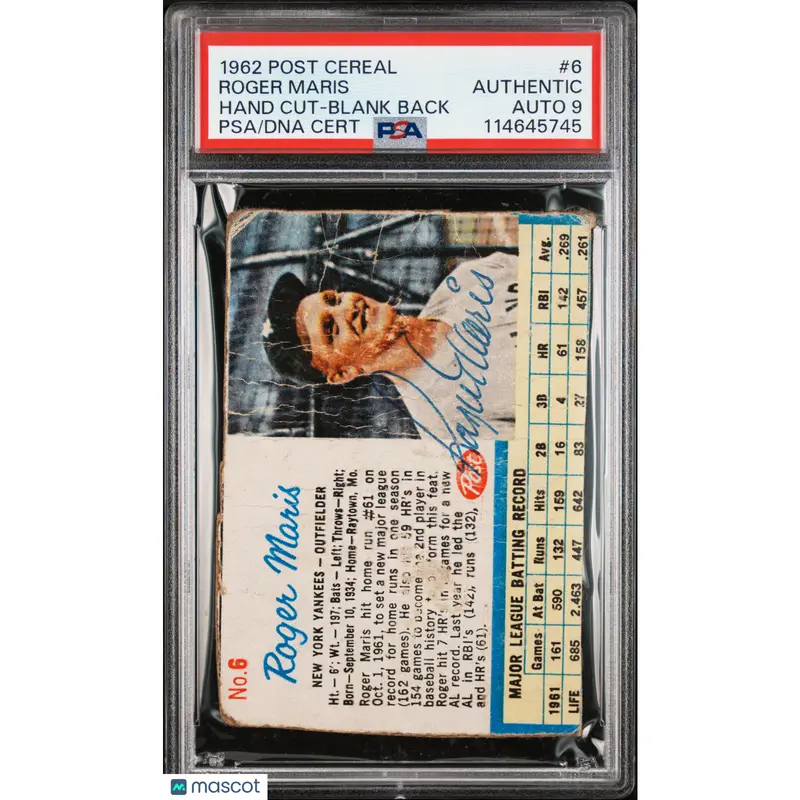 Roger Maris 1962 Post Cereal Hand Cut Blank Back#6 Signed Card PSA A Auto 9 Auto