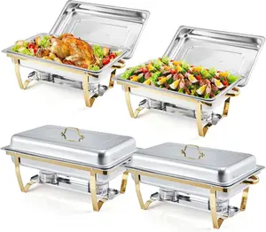 Chafing Dishes for Buffet 4 Pack, 8 Qt Stainless Steel Chafers and Buffet Warmers Sets with Lid, Rectangle Serving Food Warmer Catering Supplies Buffet Display for Parties, Gold Bakeware Handles Tray Pans Dinnerware