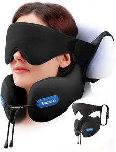 SARISUN Travel Neck Pillow Airplane Dual-Density Supportive Foam with 3D Eye Mask for Airplane Flights Car Road Trip Essentials MODEL016 Black