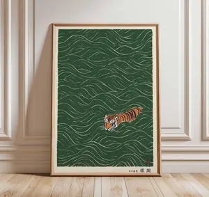 [No Frame] Japanese Tiger Swimming Print, Vintage Ukiyo-e Style Wall Art