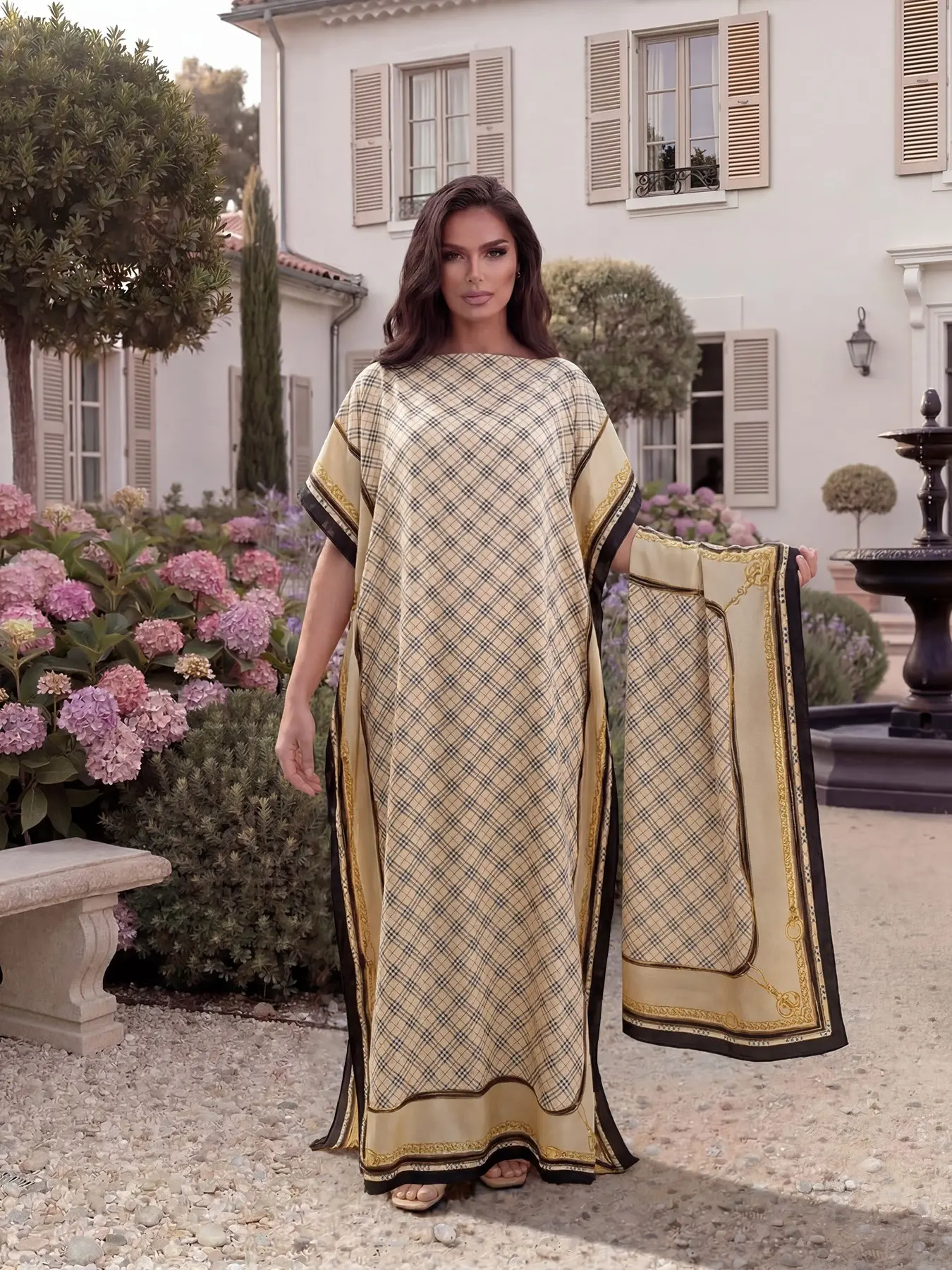 Women's Elegant Chic Style All Over Print Long Dress & Scarf, Beach Sun Protection Fitted Matching Set for Summer Womenswear