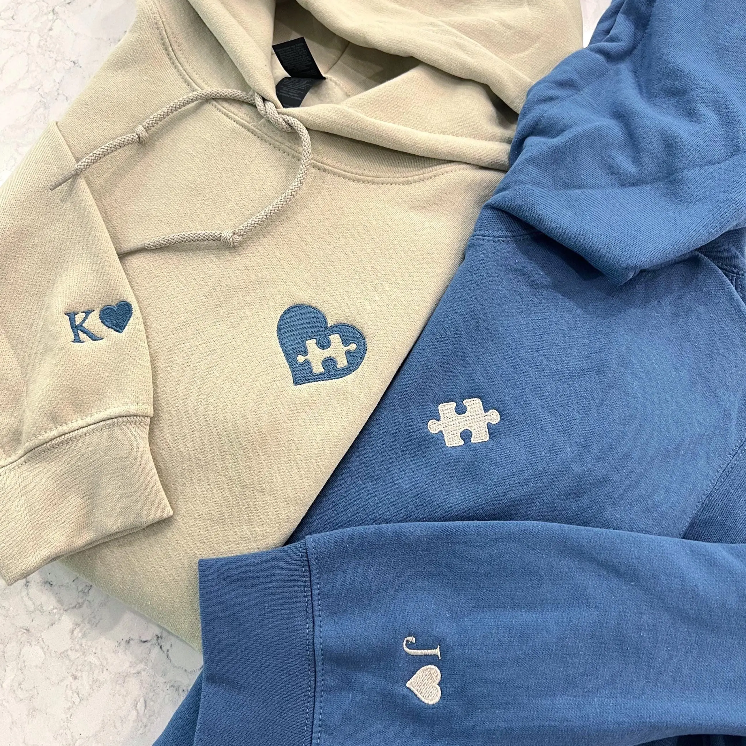 Custom Embroidered Sweatshirt, Heart and Puzzle Piece Couples Hoodie, Initial With Heart On Sleeve, Anniversary Gift, Valentines Day Gift